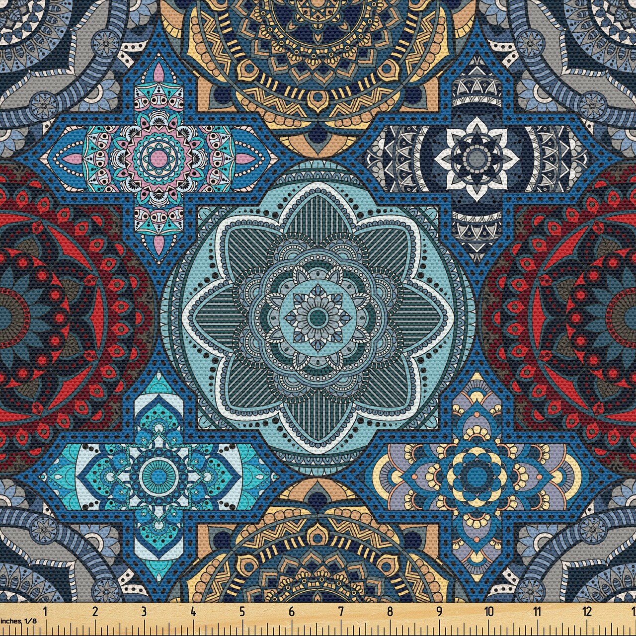 Ambesonne Moroccan Fabric by The Yard, Patchwork Style Vintage Ottoman Inspiration Retro Motifs, Decorative Fabric for Upholstery and Home Accents, 1 Yard, Brown Blue